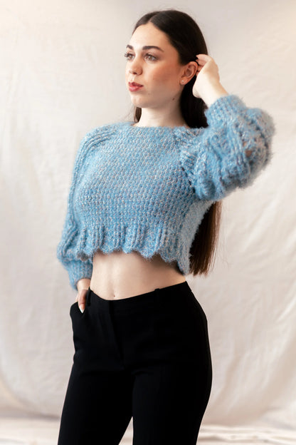 Vista cuerpo lateral delantero del Jersey Nube tejido a crochet con lana