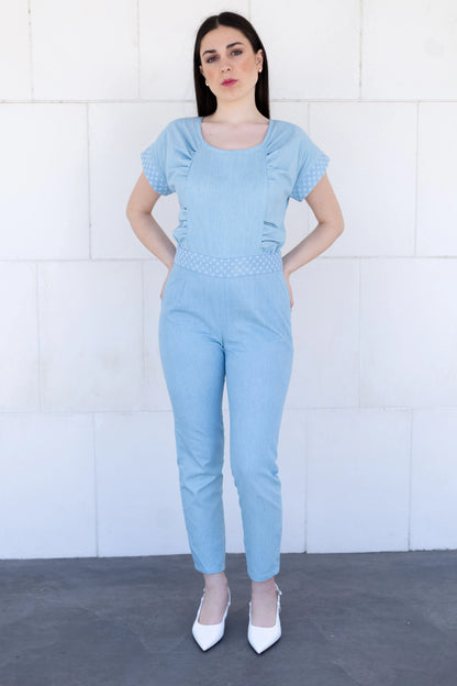 Vista completa frontal del Mono vaquero sashiko de denim reciclado