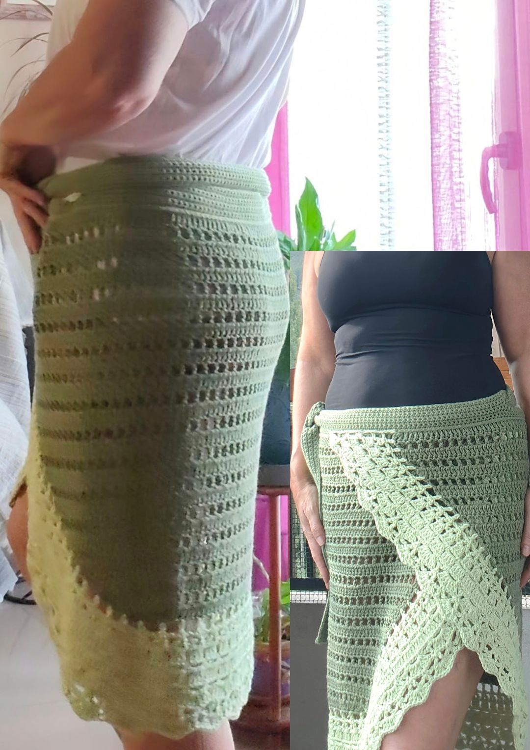Vista delantero y espalda del Pareo Paolo de EH NENA tienda de moda artesanal tejido por tester colores verdes