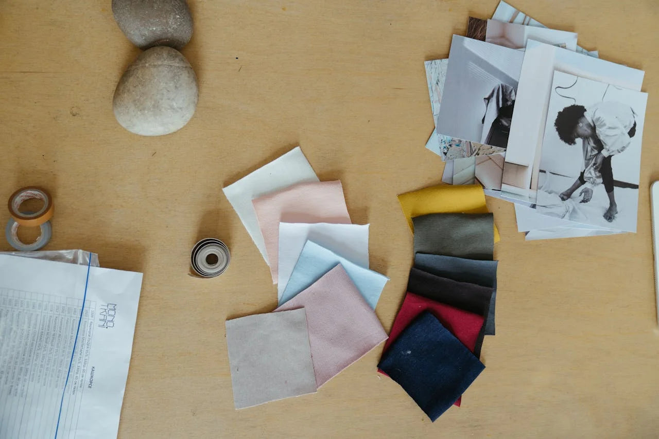Muestras de tejido sobre una mesa de diseño con fotografías de modelos